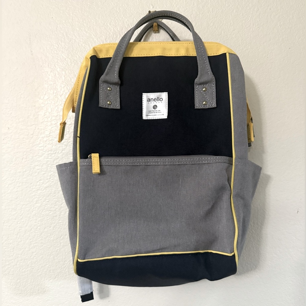 NEW ANELLO GRANDE Navy Blue and Gray Backpack with Yellow Accents